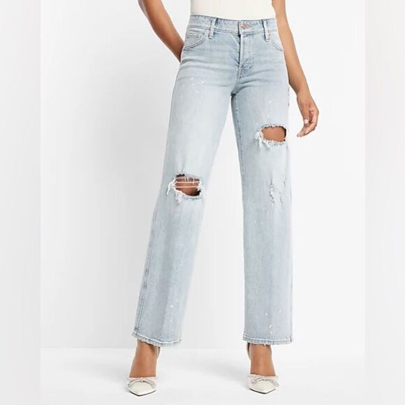 NWT EXPRESS SIZE 10S 10 short Low Rise Light Wash Ripped Baggy Straight Jeans - Picture 1 of 8